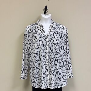 Talbots Navy and Ivory Blouse with Heart Pattern